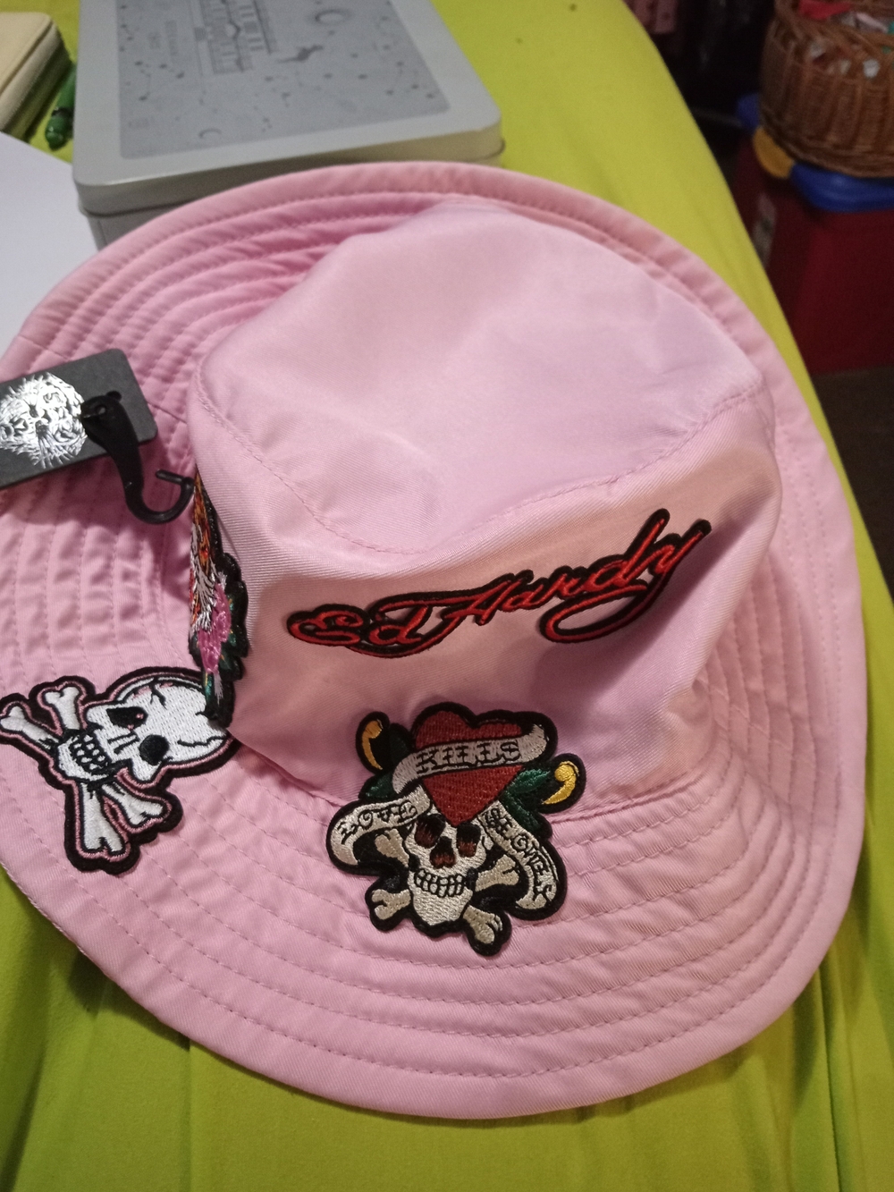 Ed Hardy Pink Bucket Hat with Skull & Heart Patches